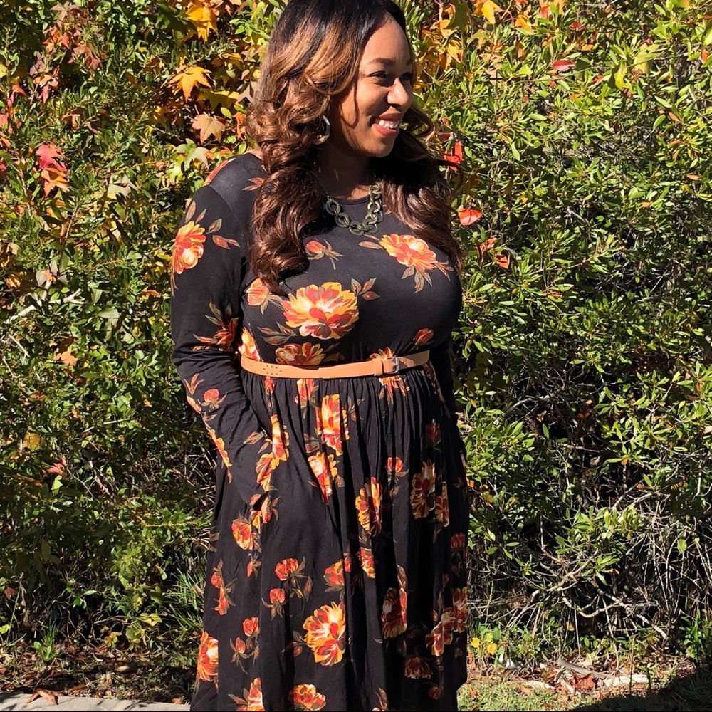 Plus Size Long-Sleeved Floral Dress